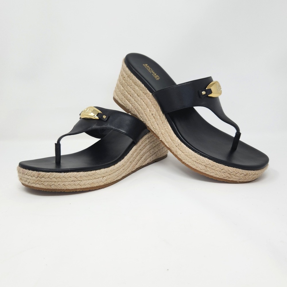 Michael Kors Black Leather Tilly Espadrille Wedge Sandal Size 7, 2 1/2" heel